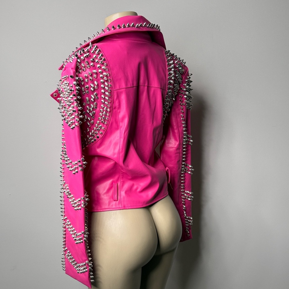 Studded Hot Pink Leather Biker Jacket - Picture 4 of 6